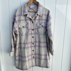 ASOS Design Plaid Pea Coat Jacket Wool Blend Button Front Beige Purple Long 8